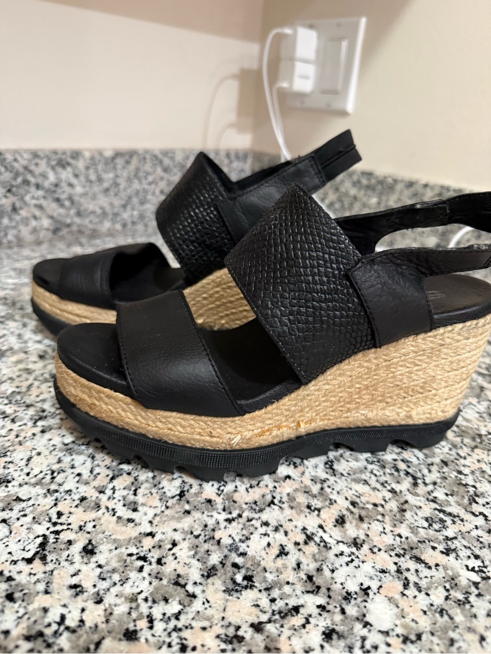 Sorel Black Leather Espadrille Wedge Sandals
